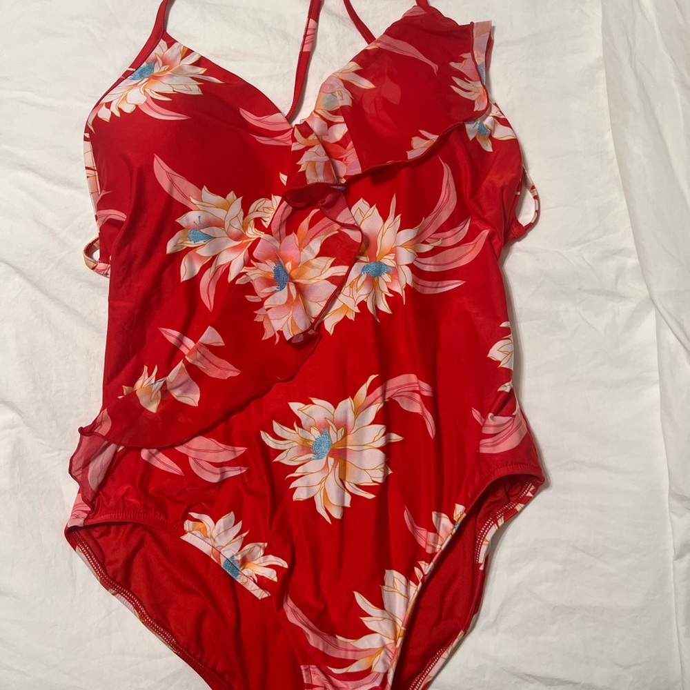 NEW Seafolly Desert Flower Cross-Back Ruffle One-Piece Swimsuit Size 12